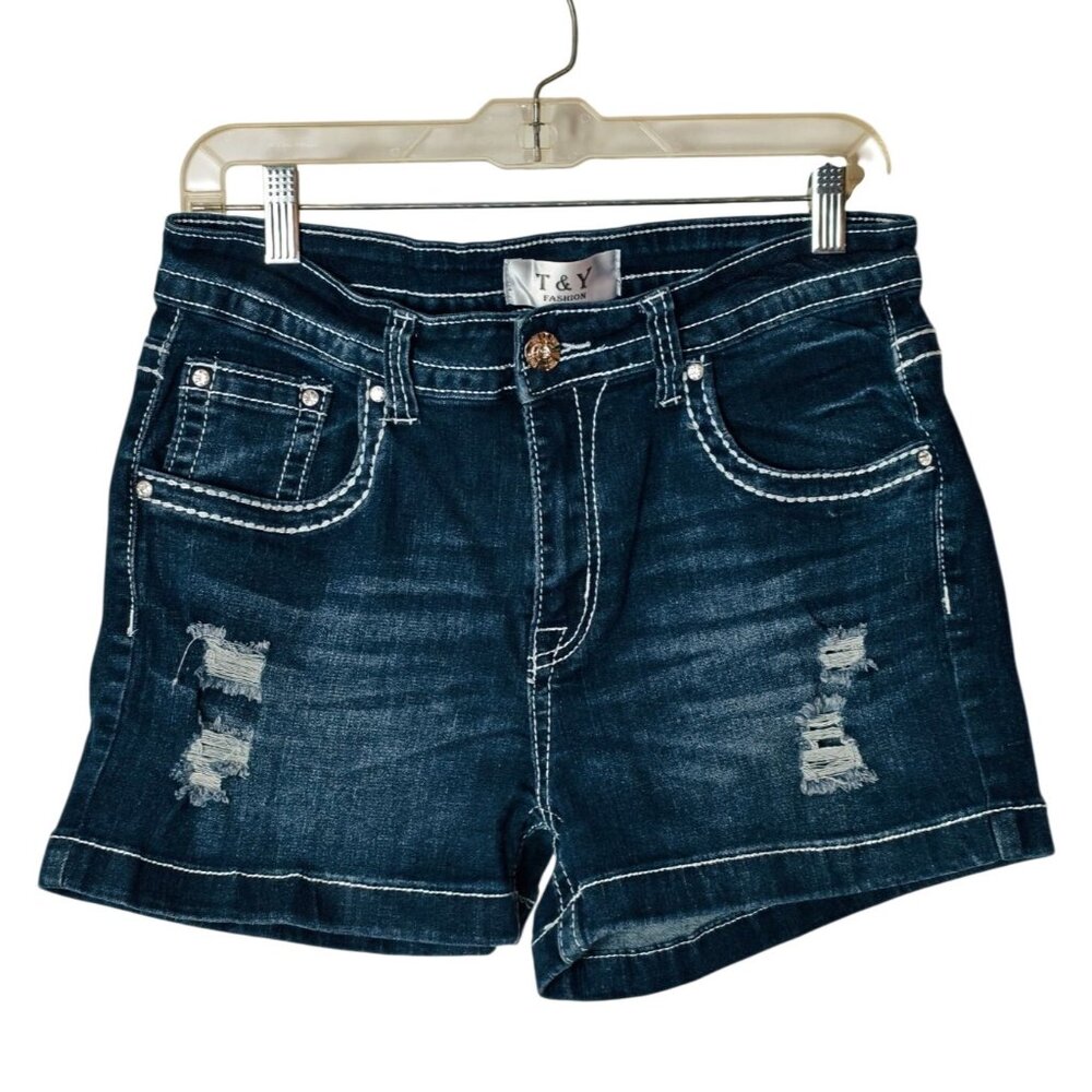 Womens 15/16 Distressed Denim Shorts Embroidery Rhinestone Preppy Grunge Cowgirl